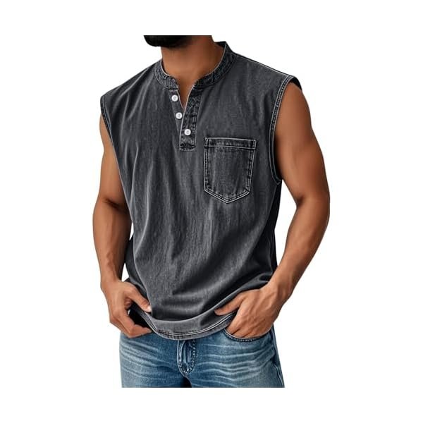 Mens Tank Tops Summer Casual Workout Loose Fit Henley Shirts Lightweight Muscle Sleeveless Tee Shirts with Pockets