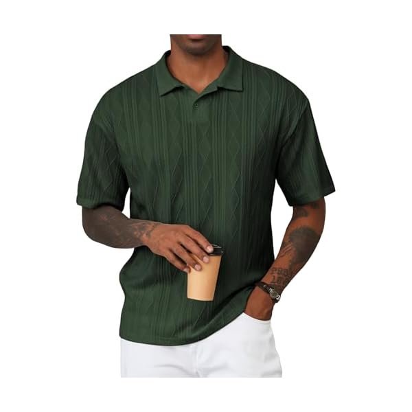 Mens Polo Shirt Textured Knit Button Casual Short Sleeve Summer Vacation Beach Stretchy Golf Shirts