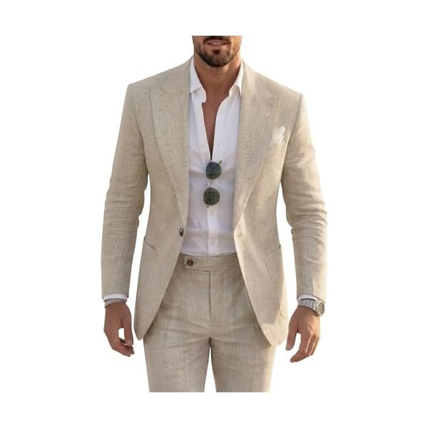 Mens Linen Suit 2 Piece Beach Wedding Casual Suit Jacket and Dress Pants Set Slim Fit Lightweight Suit Prom Tuxedo