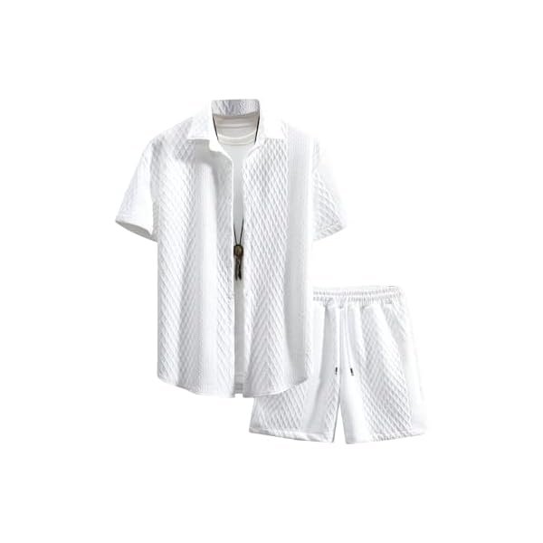 Men's 2 Piece Outfits Waffle Knit Button Down Shirt Top and Shorts Set