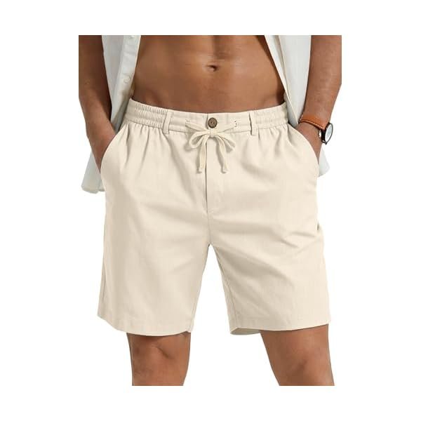 Mens Casual Linen Shorts - 7 inch Elastic Waist Drawstring Summer Beach Vacation Short