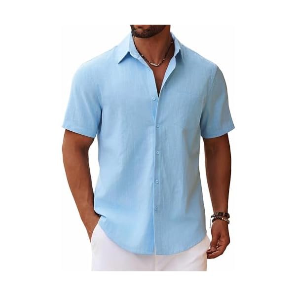 Men's Button Down Short Sleeve Shirt Casual Cotton Summer Beach Linen Wedding Shirts with Pocket
