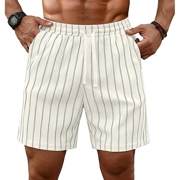 Mens Striped Casual 7" Shorts Summer Beach Elastic Waist Drawstring Shorts with Pockets