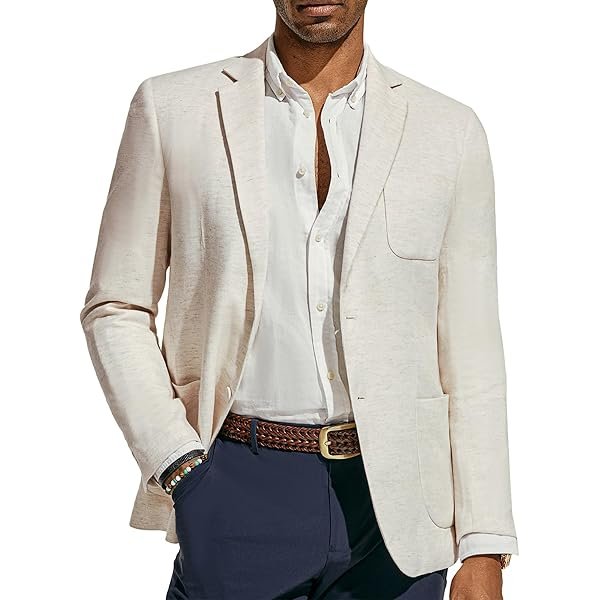 Men's Blazer Jacket Cotton Linen Sports Coats Regular Fit Two Buttons Herringbone Suit Jackets
