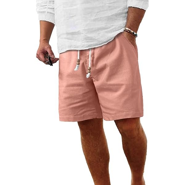 Men's Linen Shorts Casual Elastic Waist Drawstring Summer Beach Vacation Yoga Golf Shorts with Pockets