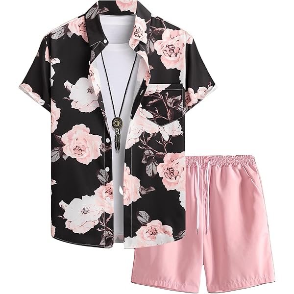 Men's 2 Piece Vacation Beach Outfits Floral Button Down Shirt and Shorts Cruise Attire Sets