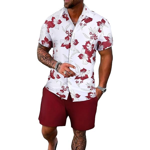 Men's Vacation Beach Cruise Summer Outfits 2 Piece Shorts Set Hawaiian Button Down Shirt and Shorts